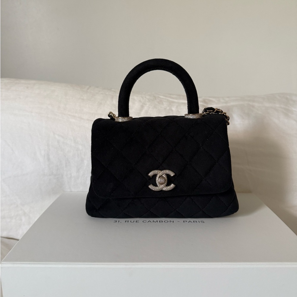 🚫SOLD!!!🚫 Chanel Velvet Crystal Quilted Extra Mini Coco Handle Flap Black